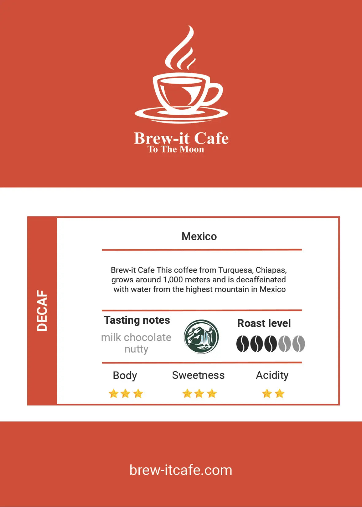 Brew-itCafe decaf coffee from Mexico with tasting notes of milk chocolate and nutty flavor labeled with roast level and sweetness
