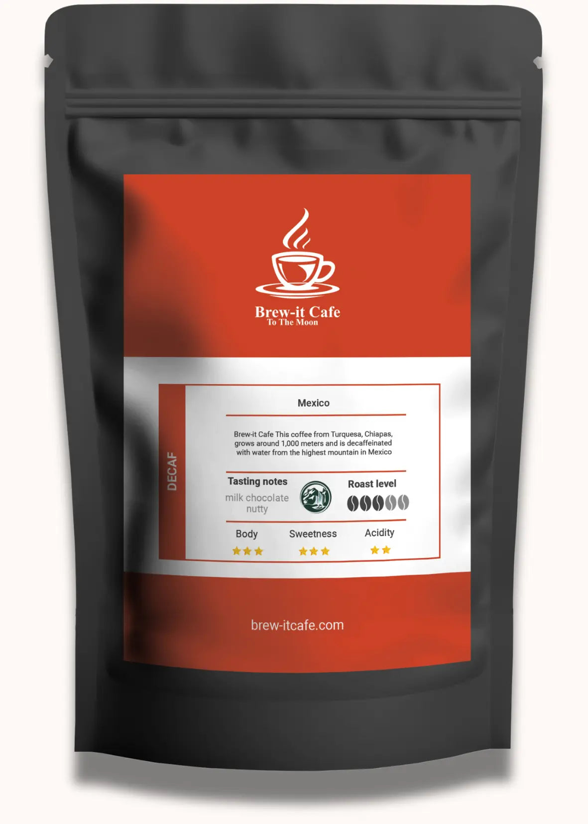 Brew-itCafe Decaf Coffee Mexican Roast in resealable bag, featuring smooth, nutty flavor with milk chocolate notes from Mountain Water Process.