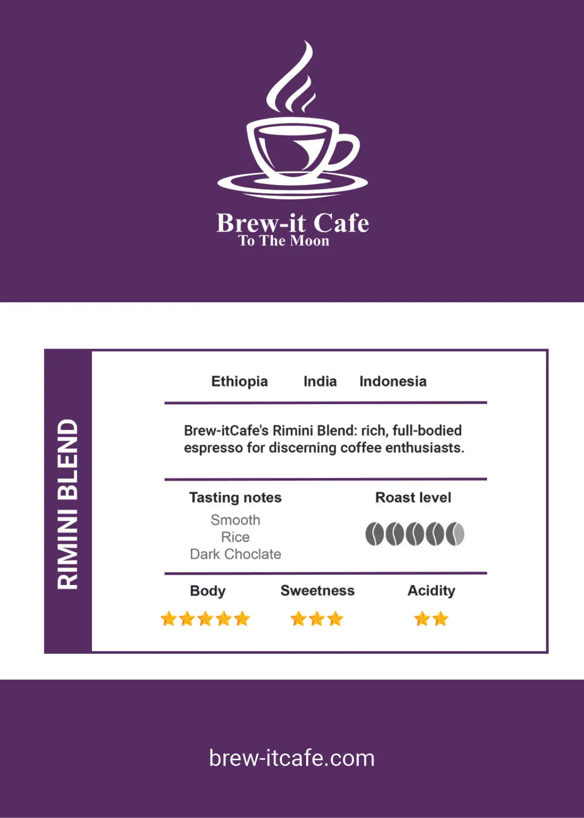 Brew-itCafe Rimini Blend espresso roast with tasting notes and roast level details on purple background