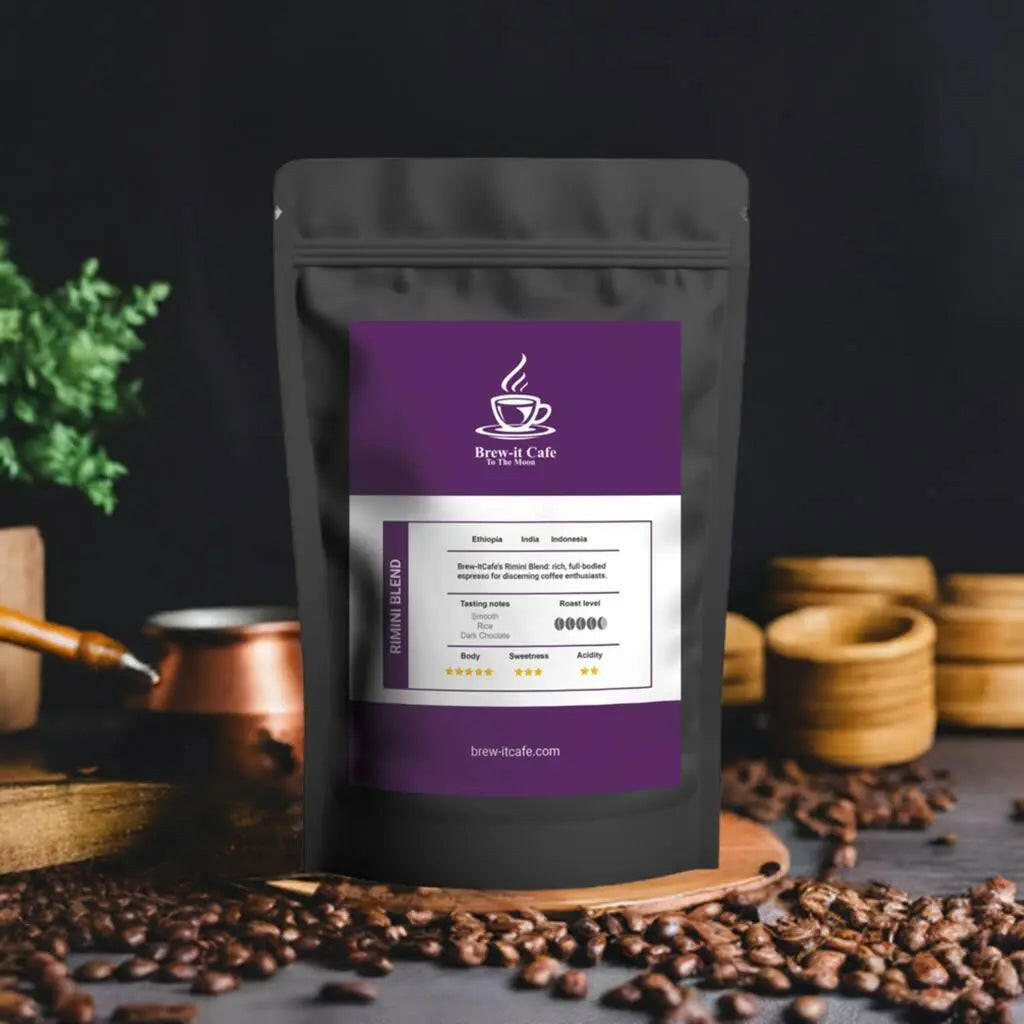 Brew-itCafe Espresso Roast coffee bag with tasting notes and roast level on purple label surrounded by coffee beans