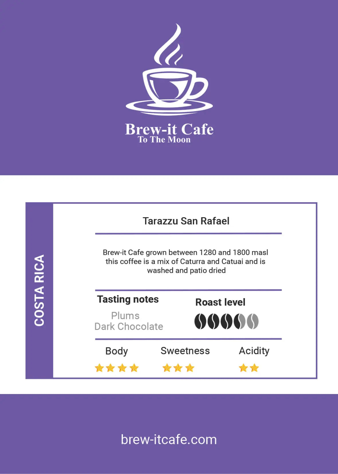 Brew-itCafe Single-Origin Coffee label for Tarazzu San Rafael with tasting notes and roast level