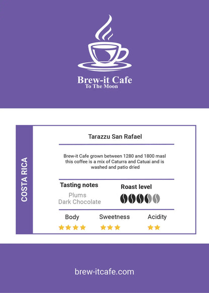 Brew-itCafe Single-Origin Coffee label for Tarazzu San Rafael with tasting notes and roast level