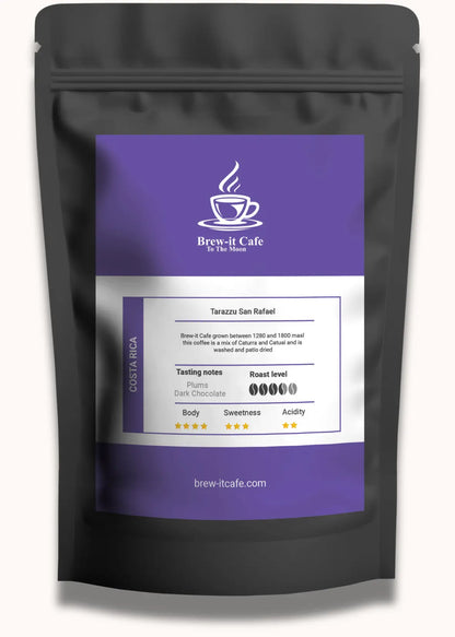 Brew-itCafe single-origin coffee bag from Tarrazu San Rafael with tasting notes and roast level details