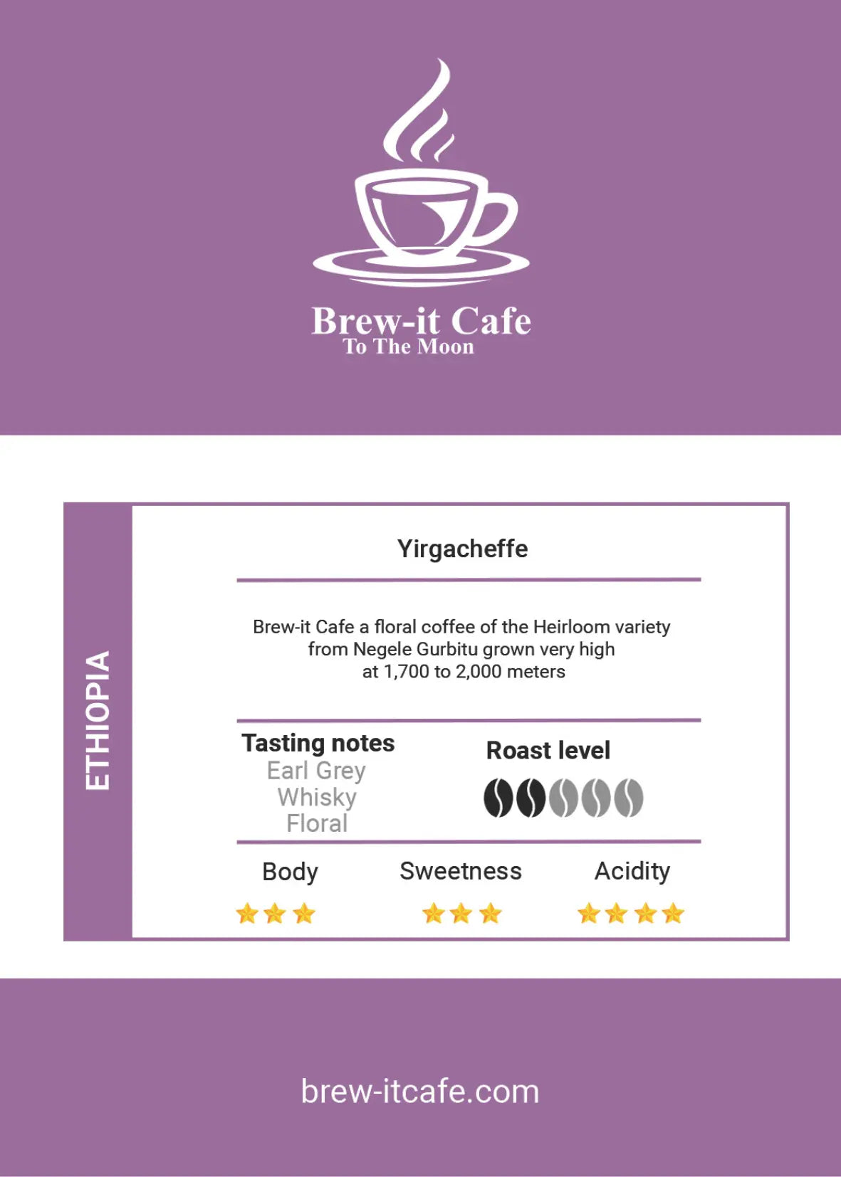 Brew-itCafe single-origin Yirgacheffe coffee from Ethiopia with tasting notes and roast level details