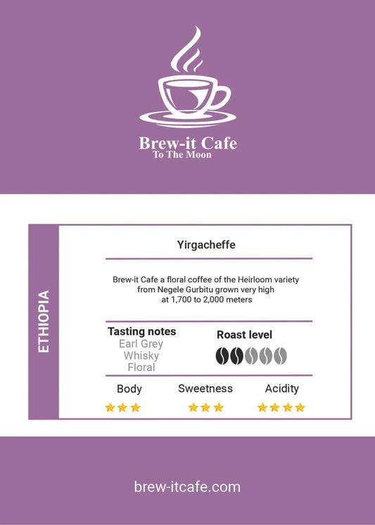 Brew-itCafe single-origin Yirgacheffe coffee bag with tasting notes and roast level in black and purple packaging