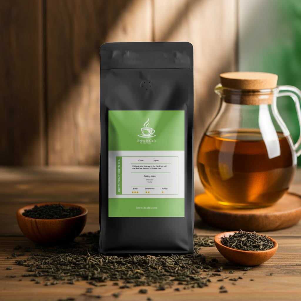 Brew-itCafe Green Tea - Premium Antioxidants whole leaf tea in black pouch with glass teapot, showcasing natural energy and refreshing flavor.
