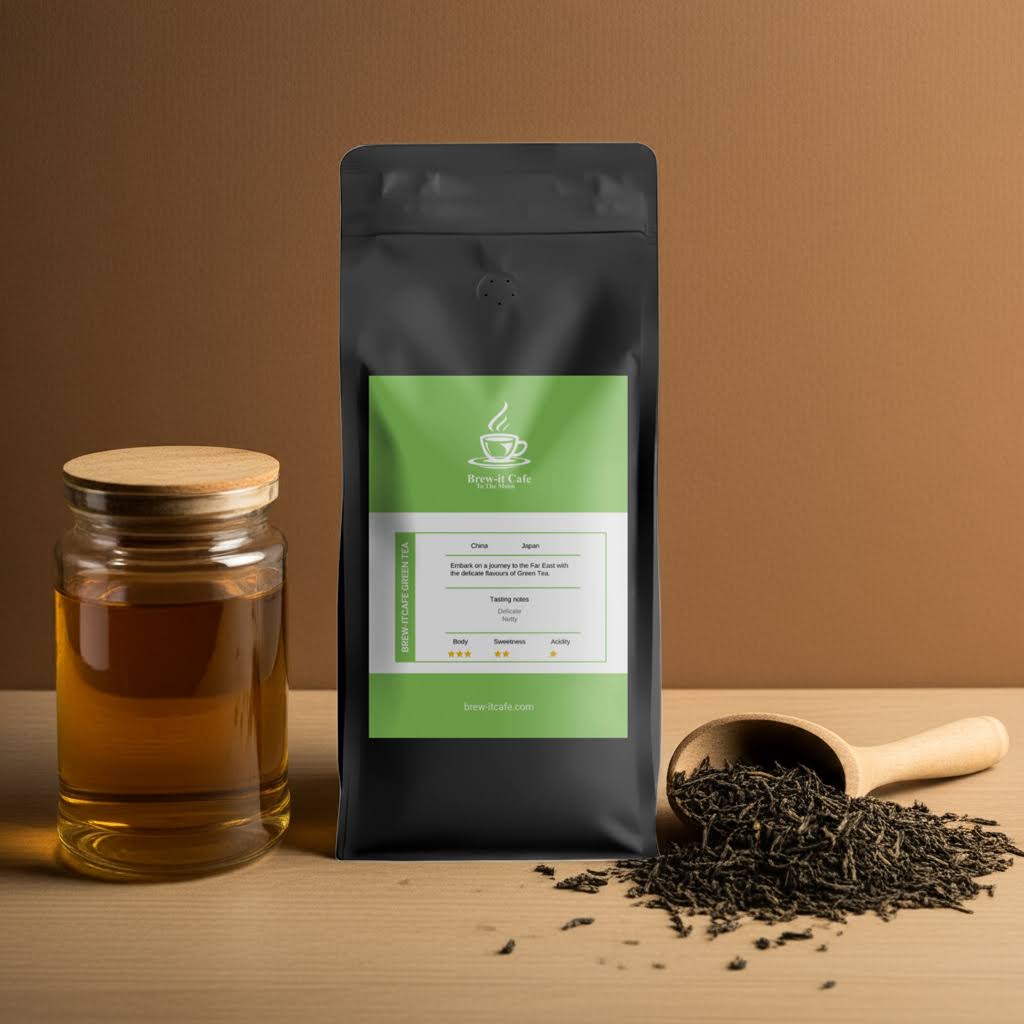 Brew-itCafe Premium Green Tea pouch with loose leaf tea and honey jar, ideal for a healthy beverage rich in antioxidants and natural energy.