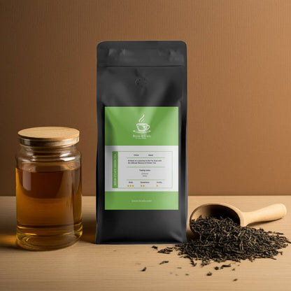 Brew-itCafe Premium Green Tea pouch with loose leaf tea and honey jar, ideal for a healthy beverage rich in antioxidants and natural energy.