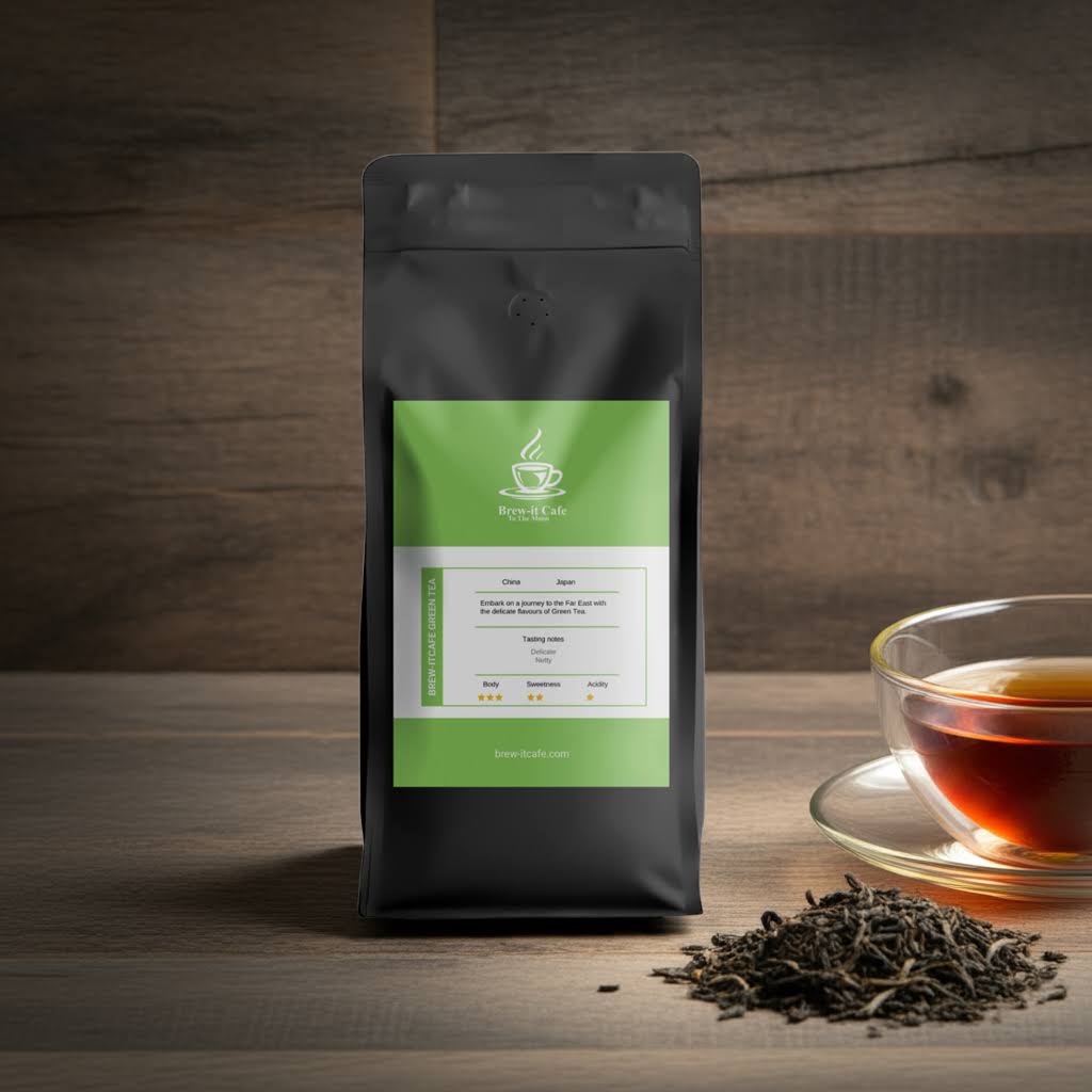 Whole leaf Brew-itCafe Green Tea pack with brewed tea in glass cup, promoting a refreshing drink with smooth, grassy aroma and nutty notes.