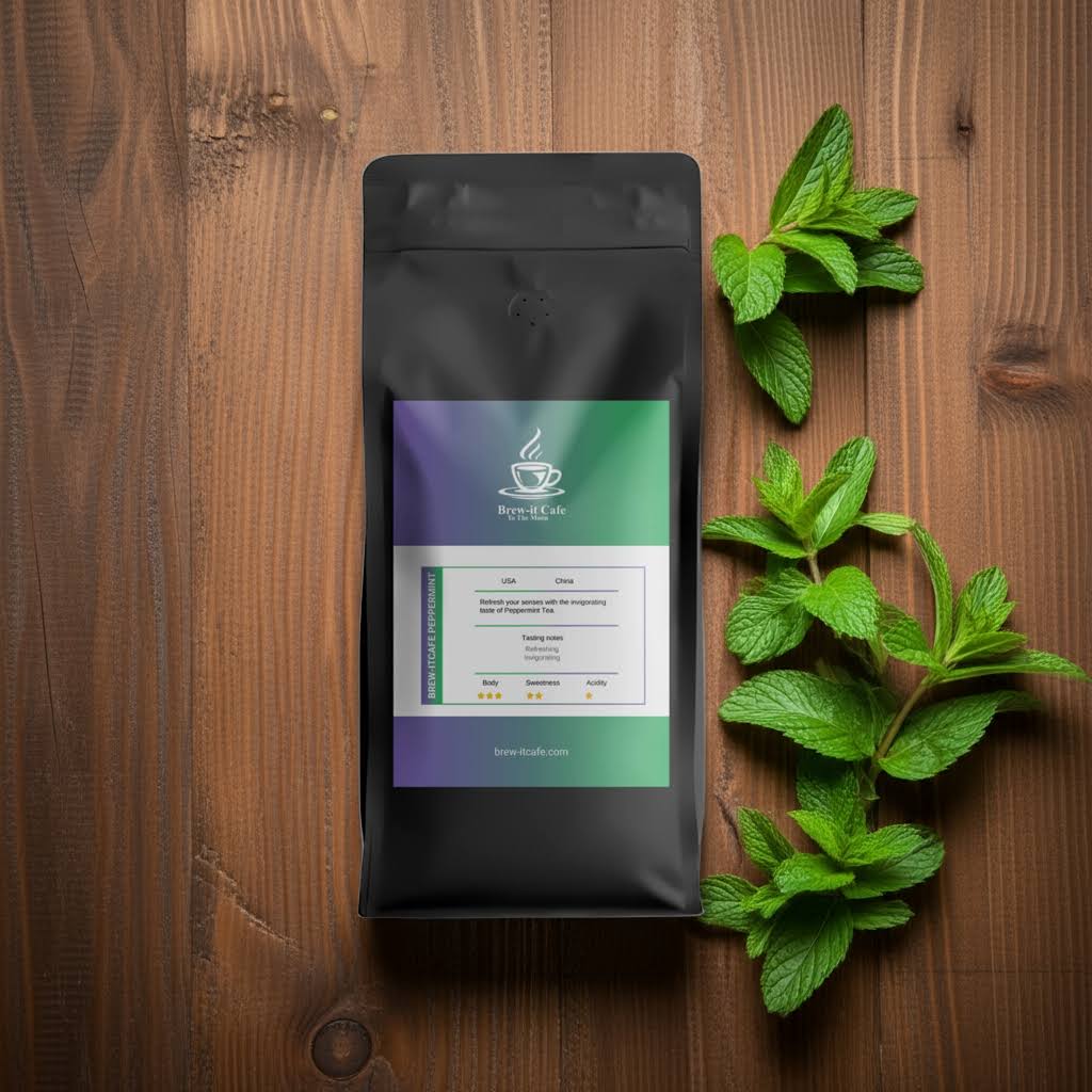 Brew-itCafe Peppermint Tea pack with fresh mint leaves on wooden surface. Pure herbal tea ideal for soothing, caffeine-free refreshment.
