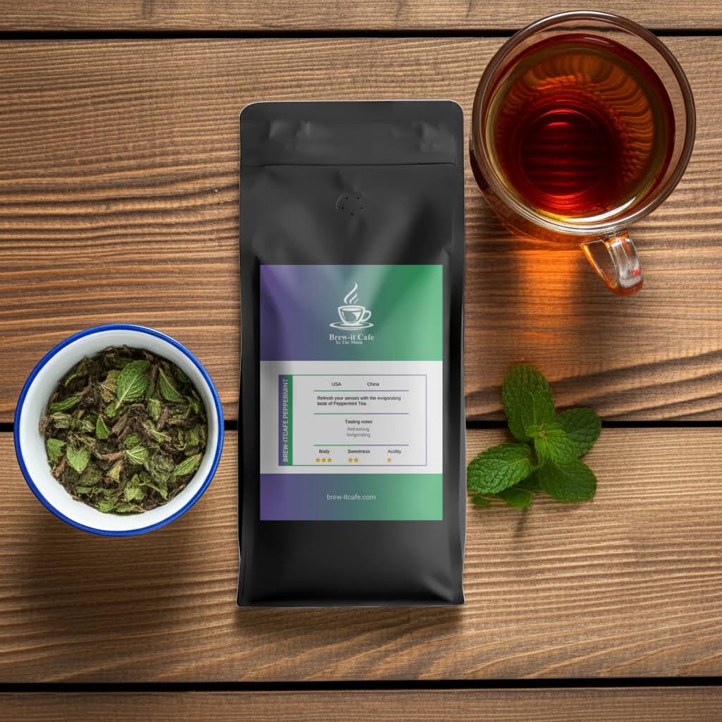 Brew-itCafe Peppermint Tea with dried leaves in bowl and brewed tea in glass cup. Herbal infusion perfect for natural relaxation and refreshment.