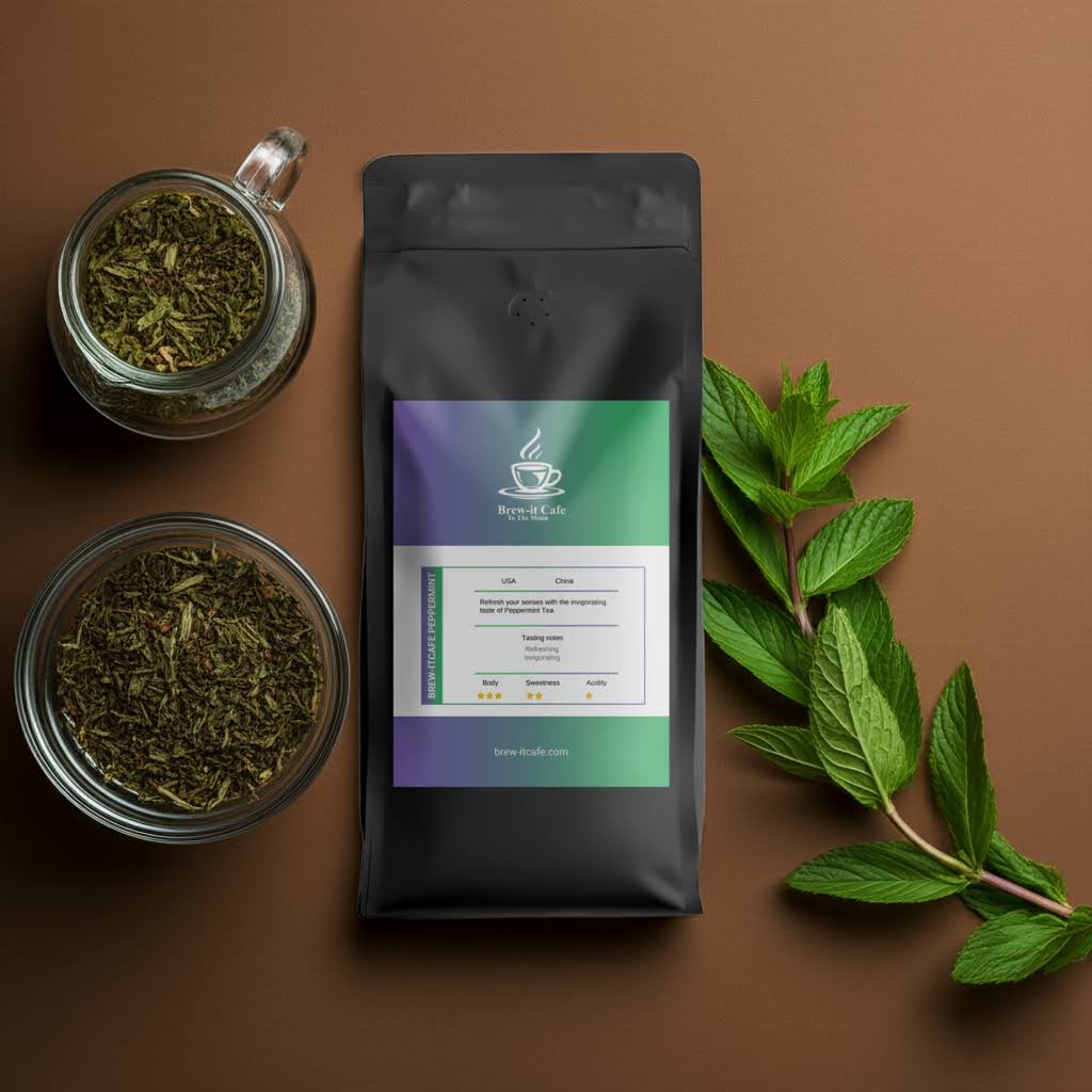 Brew-itCafe Peppermint Tea herbal infusion pouch with dried peppermint leaves and fresh mint on brown background. Caffeine-free and refreshing.