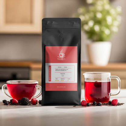 Brew-itCafe Red Berry Tea - Fruity Blend in black pouch with two glass cups of vibrant red tea and assorted berries, ideal for herbal tea lovers.