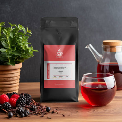 Premium Brew-itCafe Red Berry Tea with glass cup, teapot, and fresh berries, showcasing a vibrant herbal tea experience.