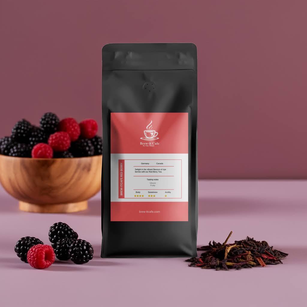 Brew-itCafe Fruity Red Berry Tea pouch displayed with dried tea leaves and fresh berries, perfect for caffeine-free tea enthusiasts.