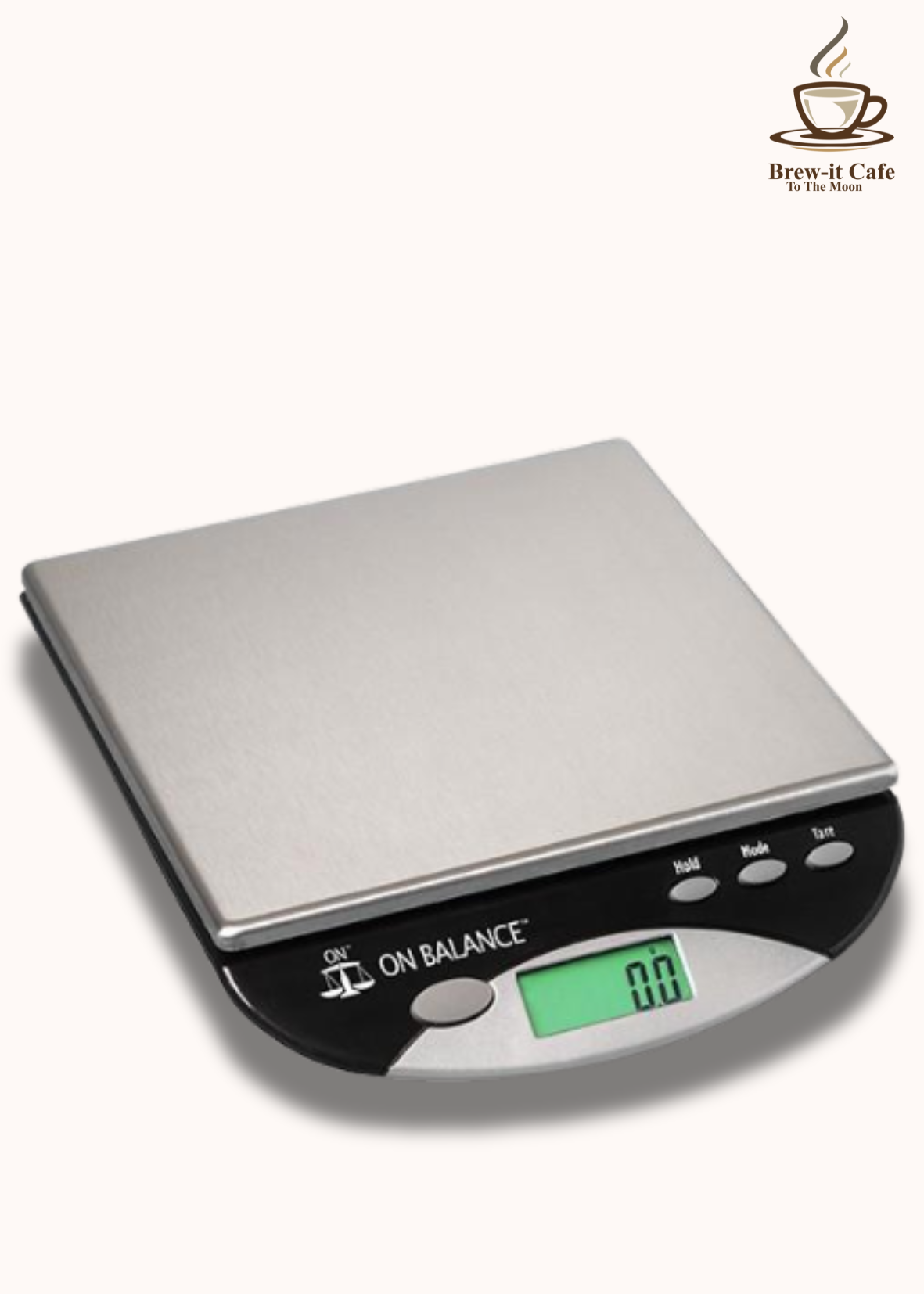 Brew-itCafe Digital Scales, stainless steel platform, easy-to-use function buttons, green backlit display.