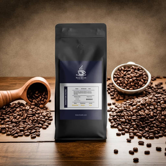 Brew-itCafe Signature Blend whole bean coffee in resealable black bag on wooden table with scoop and bowl of beans