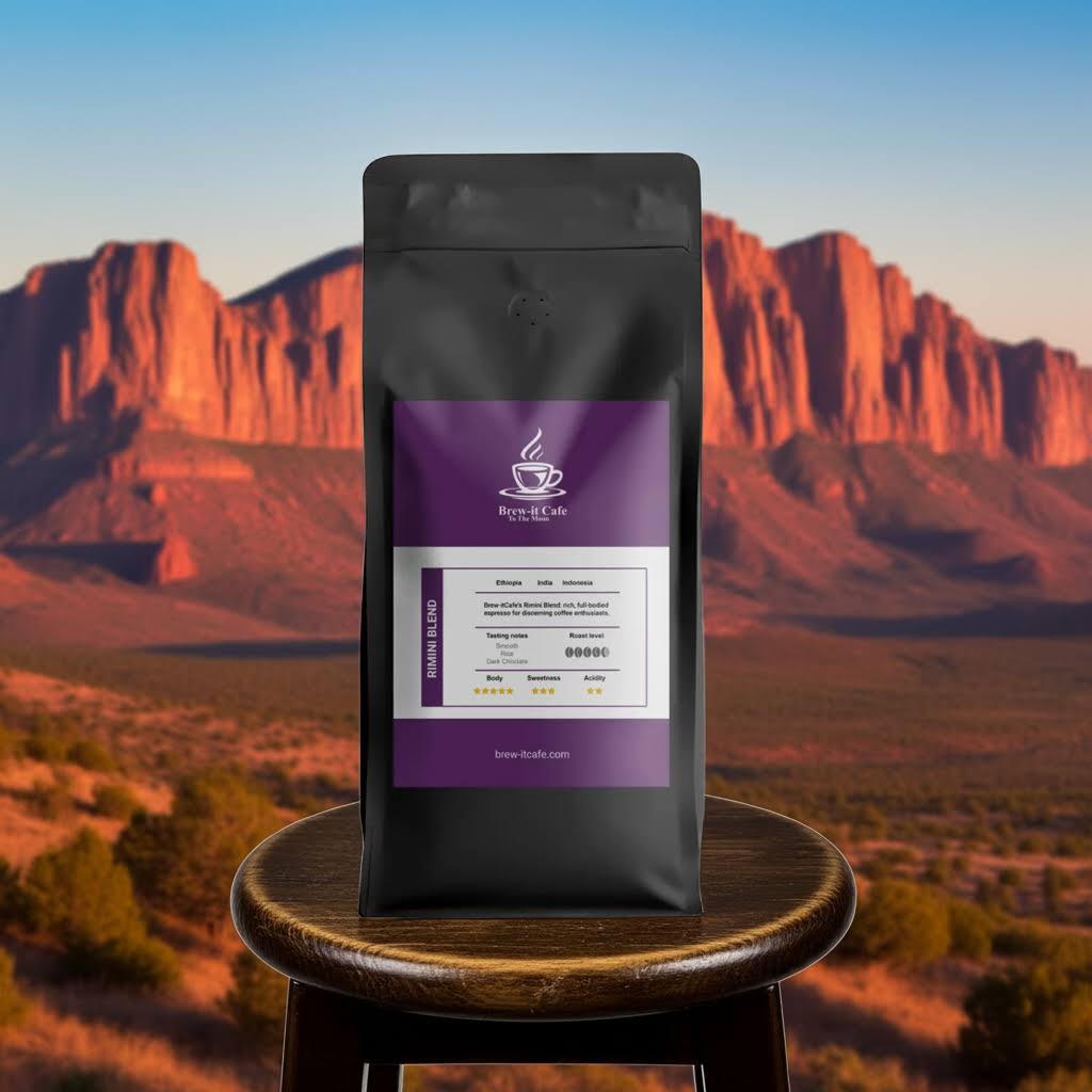 Brew-itCafe Espresso Roast black bag with purple label on wooden stool in desert canyon background