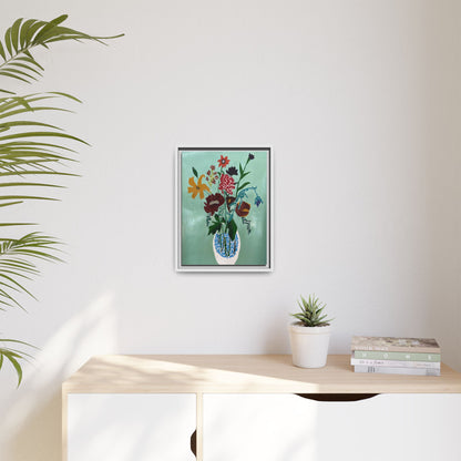 Vibrant floral canvas art featuring a colorful flower arrangement in a vase on a wall